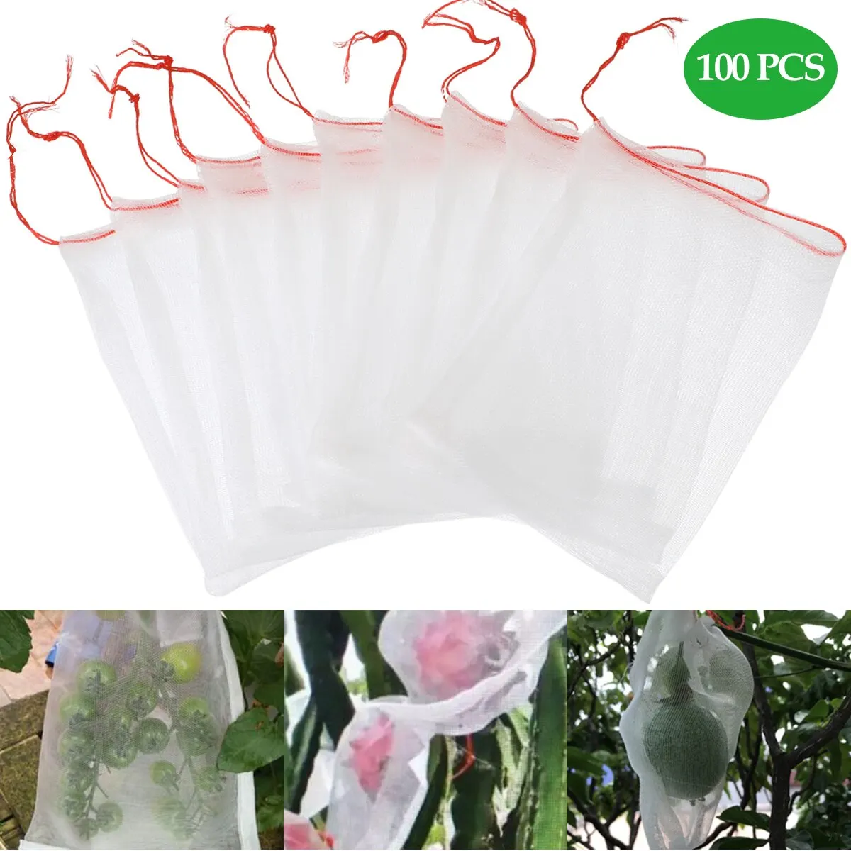 

100pcs Reusable Plant Fruit Protect Net Bag With Drawstring Netting Barrier Bag Garden to Against Insects Pest Bird Mosquito ect