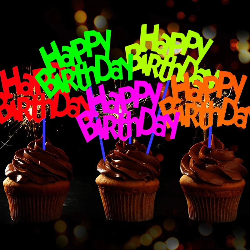 30 peças brilho festa neon suprimentos brilho na luz uv feliz aniversário bolo cupcake toppers preto luz festa de aniversário decoração