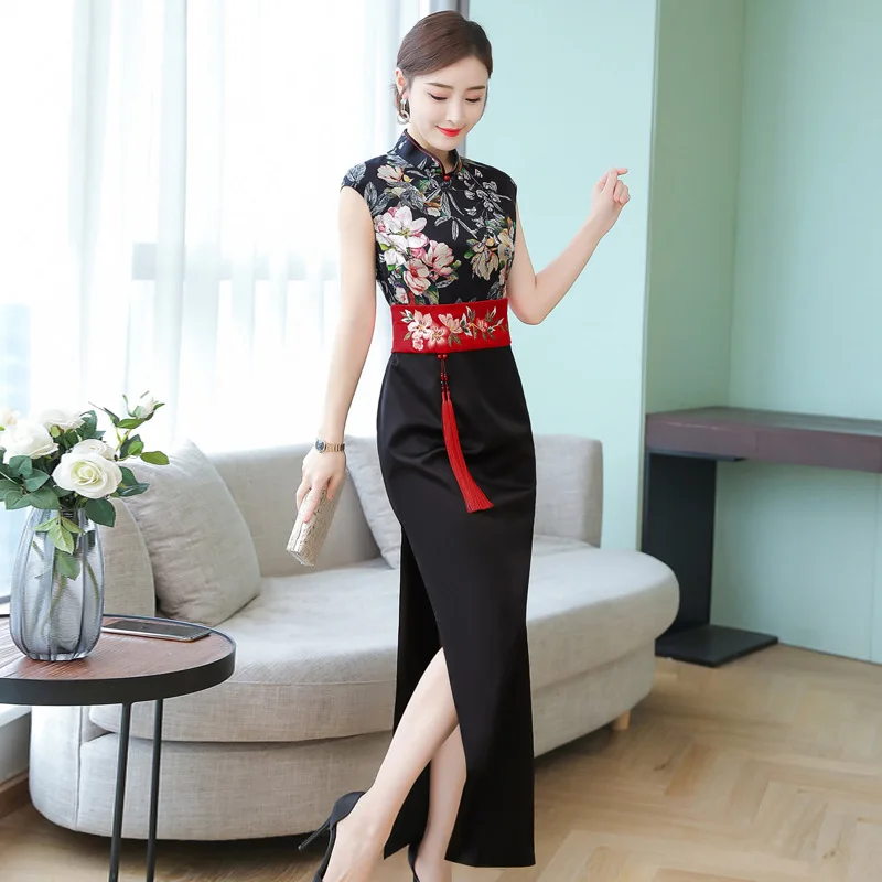 

2019 Summer Wind Dress Retro Women's Chinese Costume Sleeveless Waist Hugging Long High Slit Banquet Formal Dress Cheongsam