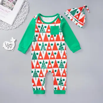 

2Pcs/Set Kids Romper+ Hat Unisex Baby Bodysuits Christmas Tree Long Sleeve Round Neck Romper Jumpsuit Hat Outfit Autumn Winter