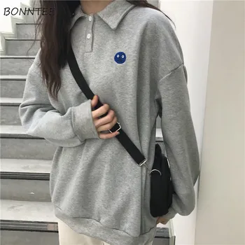 

Hoodies Women Embroidery Harajuku Turn-down Collar All-match Trendy Students Printed Style Korean Womens Sweatshirts Leisure