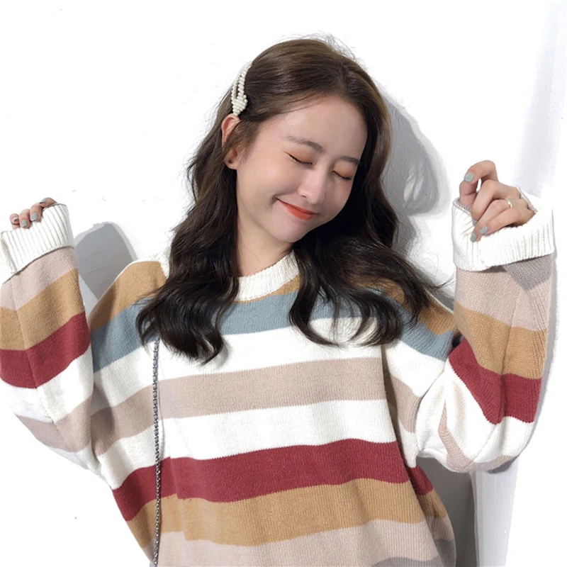 

Ulzzang Sweet Knit Women Sweater Colorful Striped O-neck Pullovers Harajuku Loose Sweater Winter Women Casual Thick Sweater