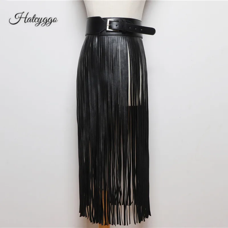 HATCYGGO Boho Sexy Women PU Leather Skirts Belt Long Tassel Brief Corset Belts Trendy Bondage Black Waist Belt Decoration Belt