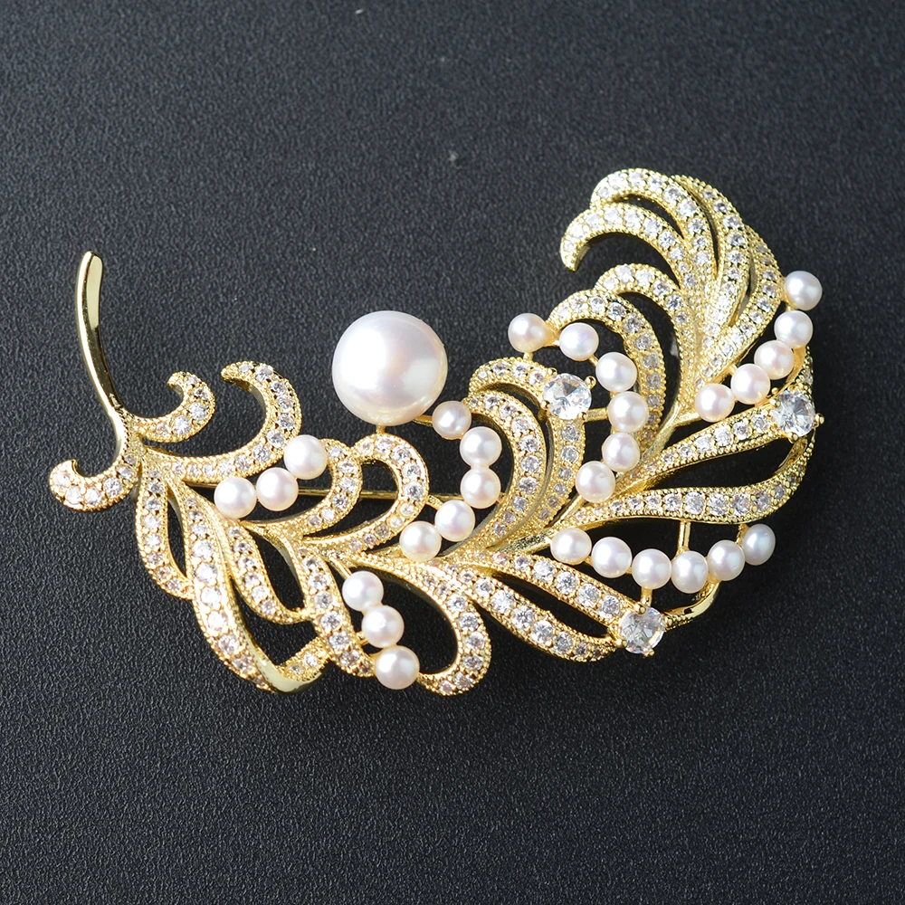 

58X32mm Gold Plated Real Freshwater Pearl Feather Brooch With Zircon Classic Jewelry