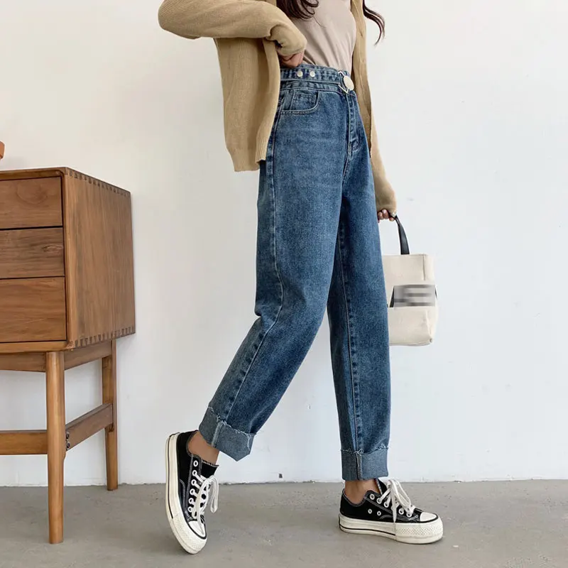 Loose Jeans Woman New Fashionthin Solid Color Big Buckle Straight Pants Wool Side Jeans Long Pants Women High Waist Woman