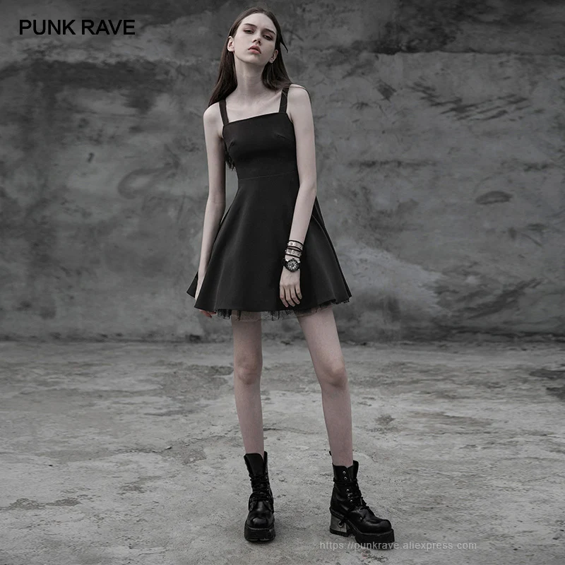 Панк рейв Новое готическое женское кружевное черное мини-платье с вырезом на спине в стиле панк, дизайнерское шифоновое сексуальное женское платье с тонкими лямками