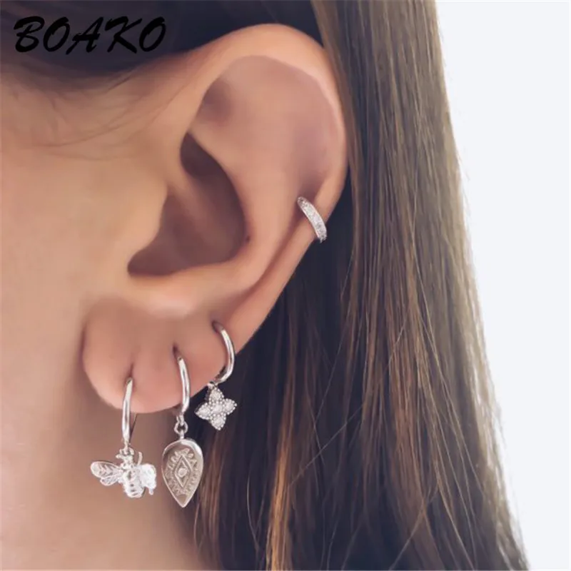 BOAKO Мода Серебро 925 пробы Серьги для женщин Бохо украшение в форме листка цирконевые сережки-шпильки хрустальные серьги в форме глаз