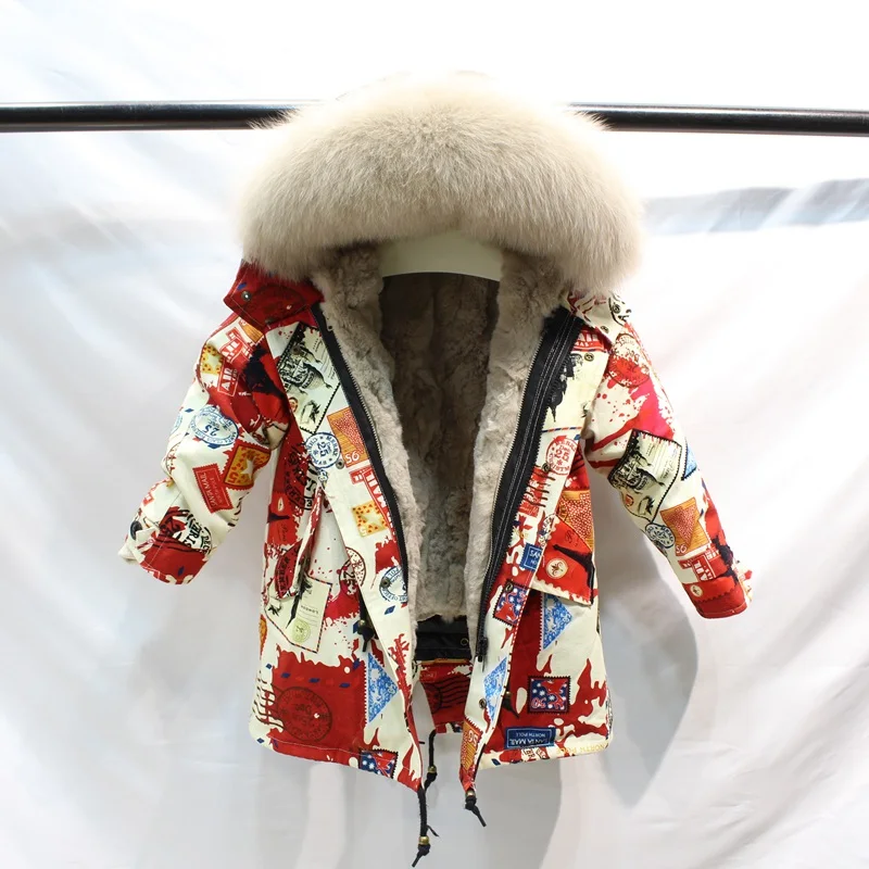 red khaki fur Одежда для маленьких девочек зимняя куртка с натуральным мехом парка, ветровка для мальчика с большим мехом, пальто с капюшоном для девочек, детские куртки, одежда - Цвет: red khaki fur
