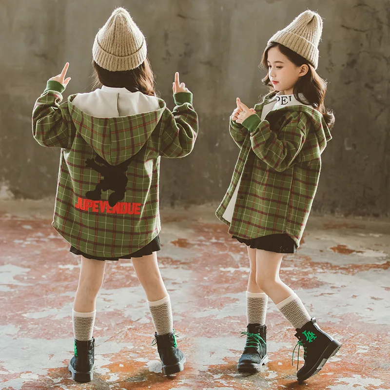 

2019 Winter New Style Big Boy Korean-style Western Style Plaid plus Velvet Shirt Girls Thick Long Sleeve Hooded Coat Fashion