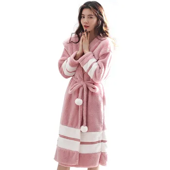 

Ladies coral fleece pajamas autumn and winter thickening warm winter night gown jacket Korean version of the new home service