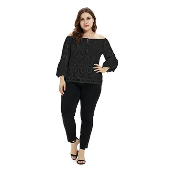 

2020 Women Plus Size Lace Up Clothes Sexy a Word Shoulder Three Quarter Butterfly Sleeve Hollow Out Lace Shirt Top