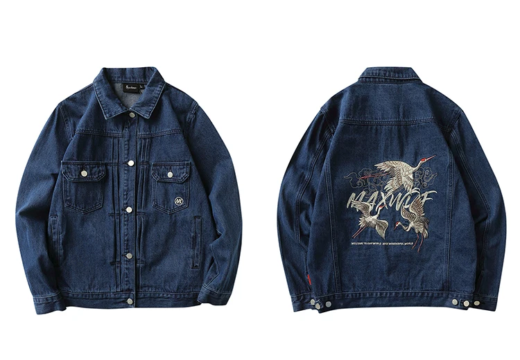 Crane Embroidered Denim Jacket Japanese Harajuku Men Hip Hop Jeans Jacket Streetwear Denim Bomber Jacket Black Blue Cotton