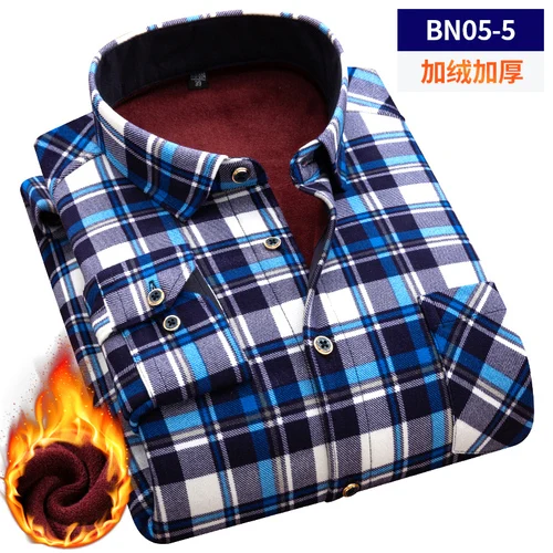 BN05-5 Winter Warm Men's Plaid Shirt Casual Slim Fit Man Shirts Thicken Shirts New Arrival Male Middle-aged father Tops Plus Size L-5XL - Цвет: BN05-5