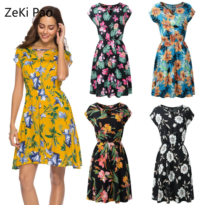 

Spring and Summer Printed Round Neck Short Sleeve Elastic Waist Dress Plus Size Women Casual Round Neck Hollow Sexy Dress
