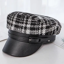 HT2581 женский берет Newsboy шляпы художника винтажные плед капитан, Мотрос Кепка с поясом Дамская Кожа с каймой плоскя армейская Кепка