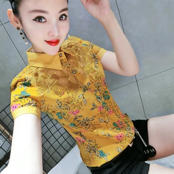

2020 Summer New Ins Fashion Chiffon Shirt Female European Goods Hot Diamond Lapel Printed Short-sleeved Shirt Tops Women Blouse