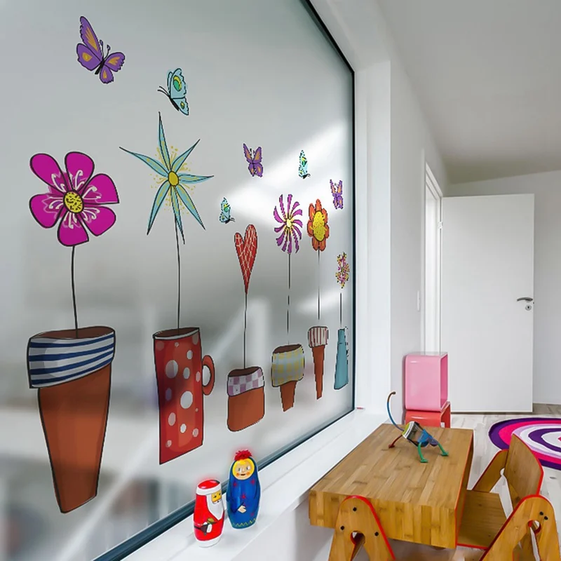 Plant Flowers Removable Light Opaque PVC Frosted Window Sliding Door Bathroom With Glue Glass Film Room Decoration Stickers