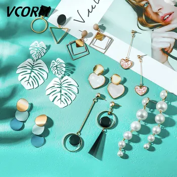 

VCORM Korean Classic Long Acrylic Gold Drop Earrings for Women 2019 Fashion Jewelry Vintage Pearl Metal Leaf Big Dangle Earring.