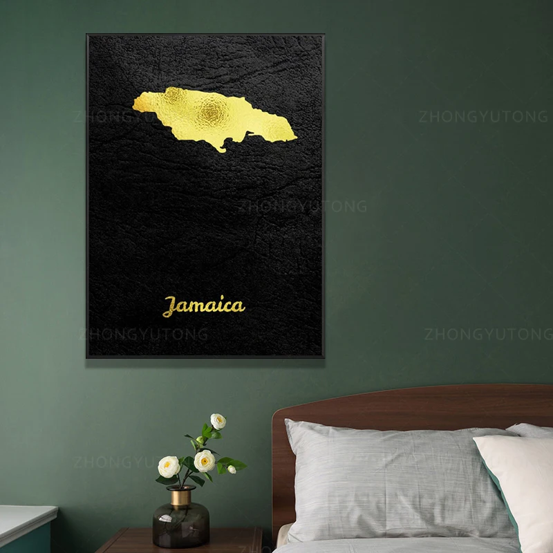 Golden Map Jamaica Canvas Wall Art Print Modern Poster Wall Pictures