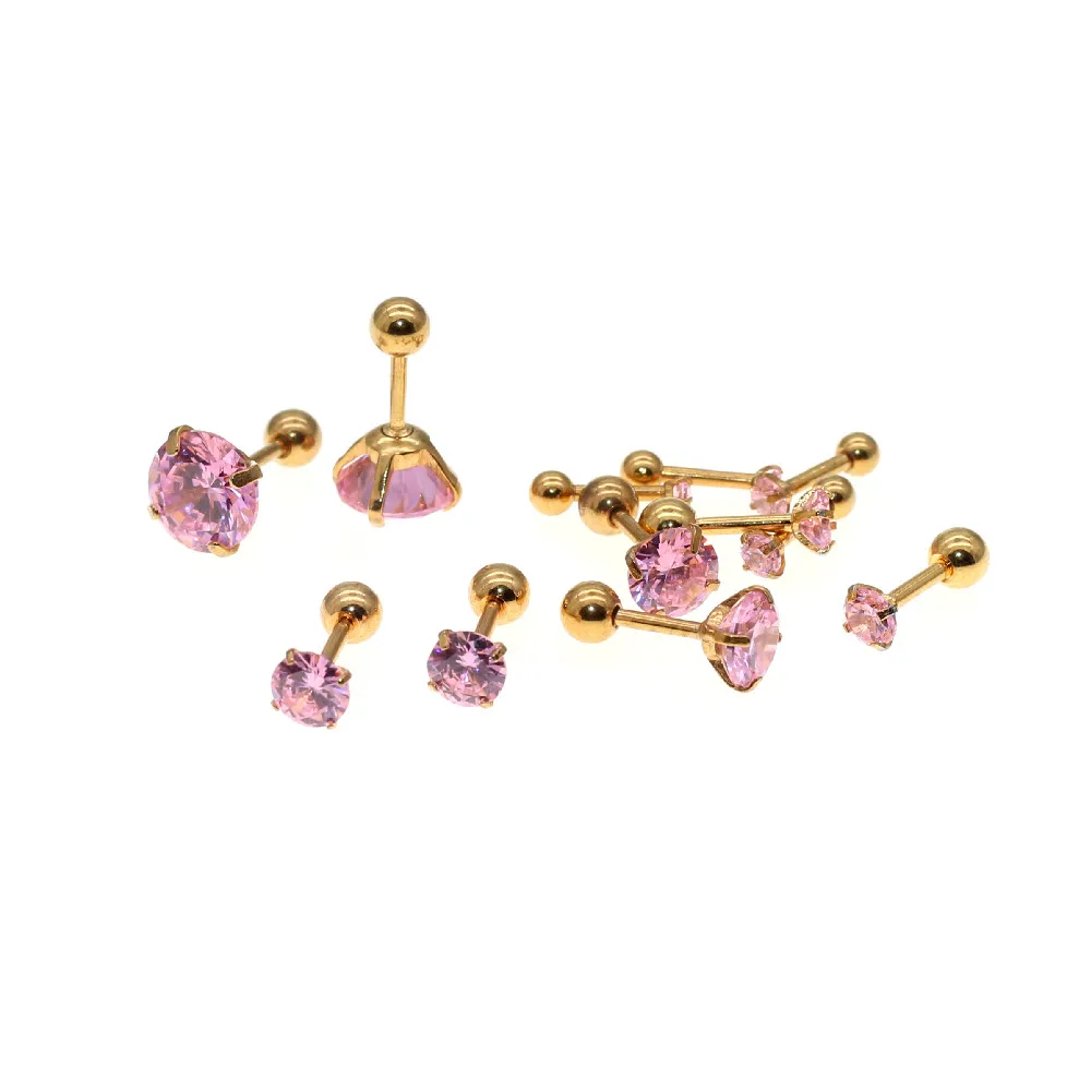 Needle 1.2*6MM Stainless Steel Screw-back Pink Zircon Stud Earrings Golden IP Plating No easy Fade Allergy Free