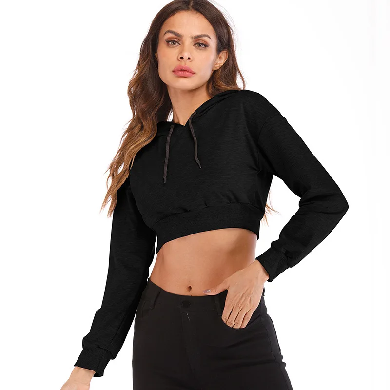 

Women's Navel Hoodie Pullover Lady's Pullovers Short Solid Hoodies Women Fashion Navel Long Sleeved Crop Top Hoodie