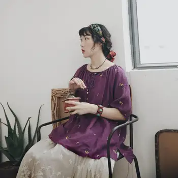 

2020 new cotton and linen fashion style retro purple short sleeve loose women T-shirt