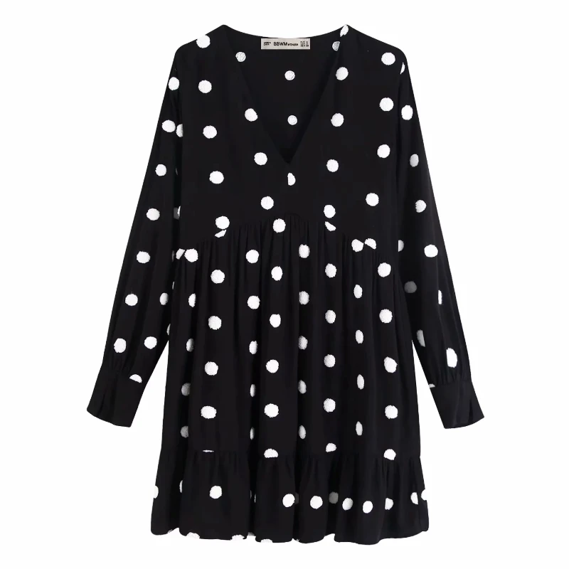 

Polka Dot Embroidery Women V Neck Mini Dress 2019 Autumn Leisure Lady Nine Quarter Sleeve Loose Dresses D3585
