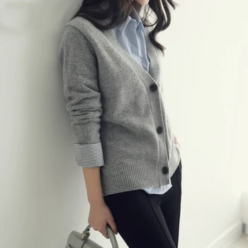 

FMFSSOM Spring Autumn Elegant Loose Flat Button Single-Breasted Long Sleeve V-Neck Women Lady Cardigan Sweater
