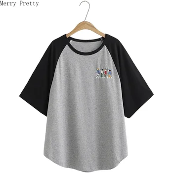 

Cartoon Embroidery Patchwork Cotton T Shirts For Women 2020 Fashion Summer Short Sleeve T-Shirts Round Neck Basic Top Tee Shirt