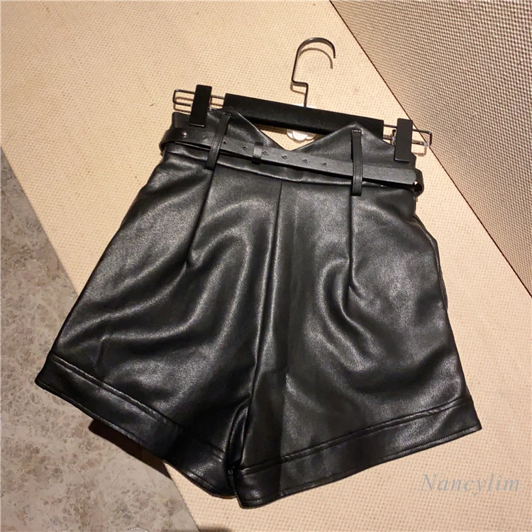 Nancylim High Waist Pu Leather Shorts Woman Shorts Lace-up Waist Slim All-match Boots Lady 2020 Autumn Fahsion Clothing