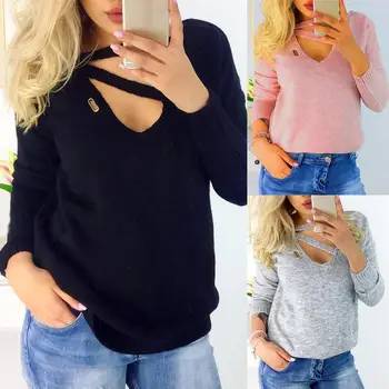 

Fshion Women Sweaters Solid Color Winter Knitted Sweater Women Strappy V Neck Long Sleeve Sweater for women female