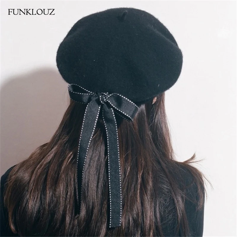 Funklouz Модные женские мягкие элегантные береты с бантом зимняя теплая шапка Harajuku шерстяной берет