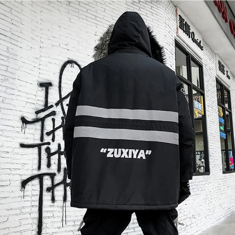 90% OFF Hip Hop Fur Collar Parkas Men Women Streetwear Thick Winter Jacket Coats Reflective Strip Loose Parka Couples Oversize DG543