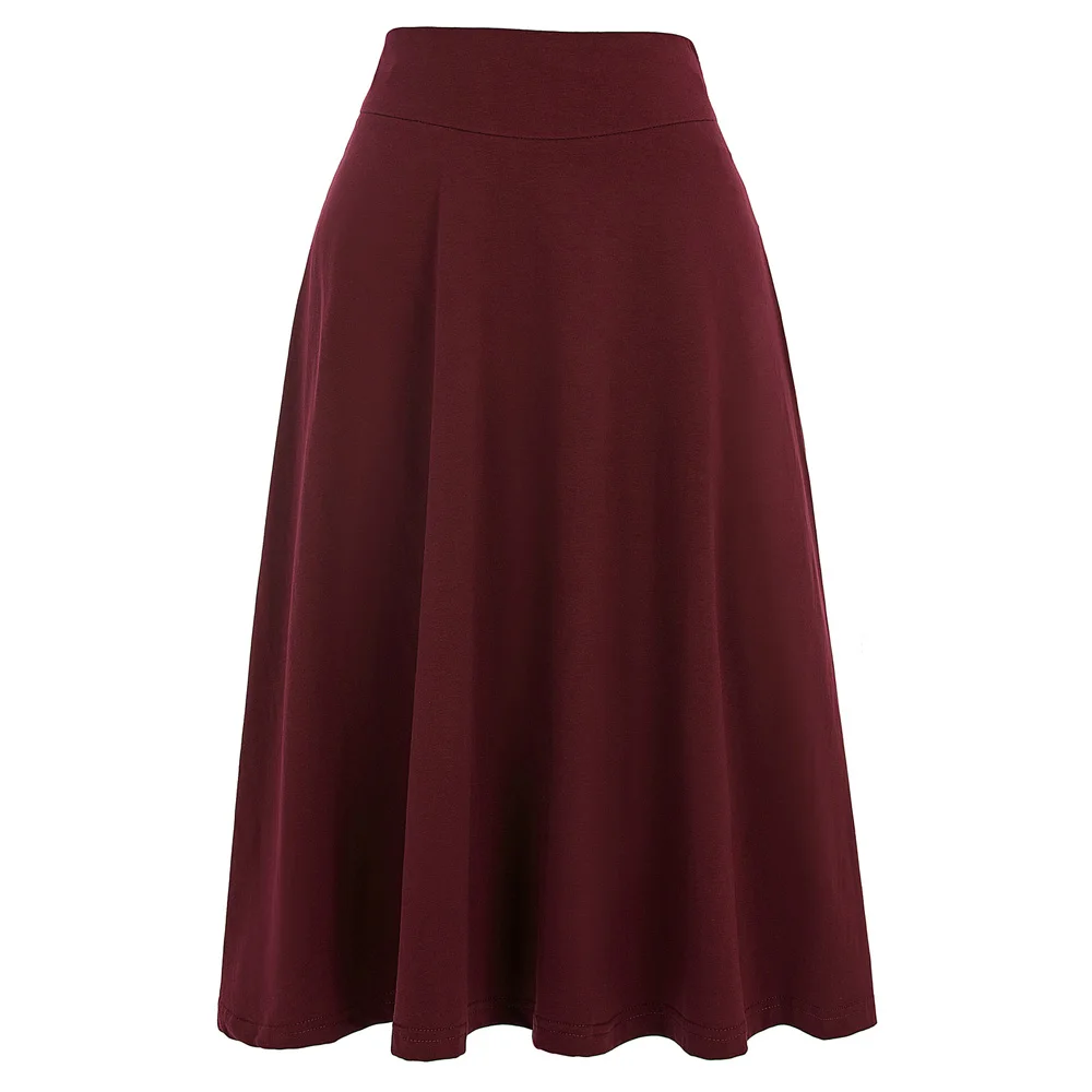 Women High Waist Skater Flared Pleated Swing Long Skirt Dress Cotton Office Lady