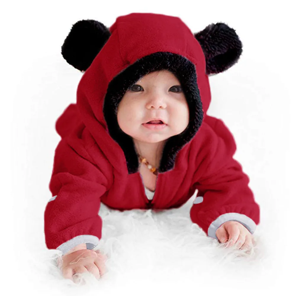 Infant Toddler Baby Girls Boys Fleece Overalls Cartoon Ears Hoodie Romper Zip Clothes Jumpsuit Baby Girl Rompers Winter