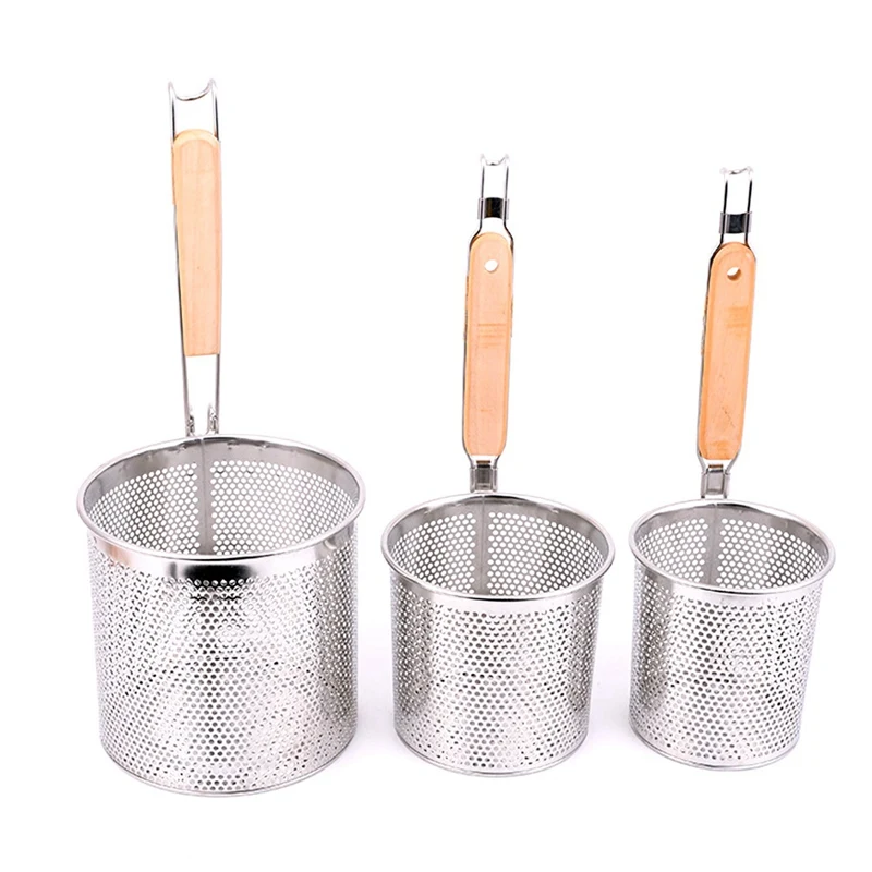 

Stainless Steel Strainer Basket Wooden Handle Fine Mesh Spider Food Skimmer Kitchen Sieve For Pasta Dumpling Noodle