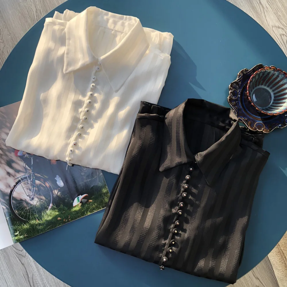 Women White/Black Contrast Stripe Multi Buttoned Micro-transparent  Blouse Shirt - Ladies Long Sleeve Lapel Top 5