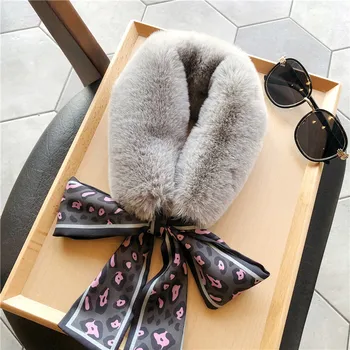 

2020 Female Winter Furry Ring Scarf Leopard Ribbon Scarves Women Patchwork Faux Rabbit Fake Collar Fur Collar Warm Soft Muffler