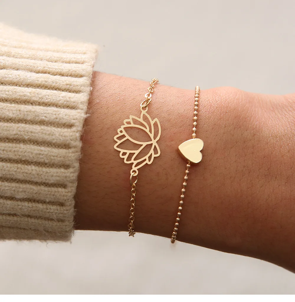 2 шт женский золотой браслет, индивидуальный полый цветок лотоса, браслеты, рождественский подарок, браслет в форме сердца для женщин, браслеты