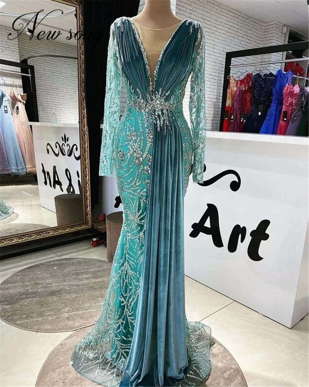 

Blue Velvet Beading Prom Dresses Luxury Formal Deep V Neck Mermaid Women Party Gowns Middle East Dubai Dress 2021 Evening Wear