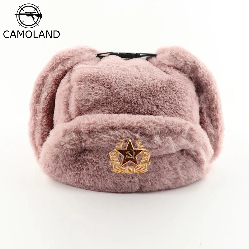 CAMOLAND Women Soviet Badge Russian Ushanka Pilot Bomber Hat Mens Faux Fur Army Military Winter Trapper  Earflap Snow Caps waterproof bomber hat