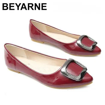 

BEYARNE Plus Size Women Patent Leather Flat Shoe Metal Buckle Pointed Toe Boat Shoes Ladies Slip On Loafers Shallow Comfort Flat