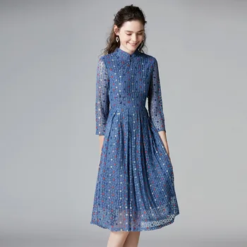 

Women 2020 Spring New Fashion Vintage Style Lace Dress Elegant Chinese Style Stand Collar Three Quarter Sleeve Dress Large Size