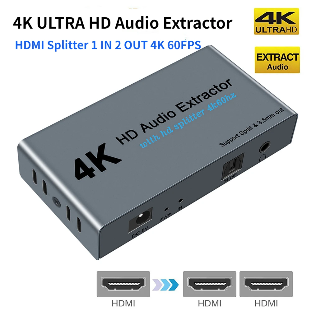 

HDMI to HDMI Audio Extractor 4K 60Hz HDMI to Optical Spdif Toslink with HDMI and 3.5mm Stereo Audio Converter Adapter