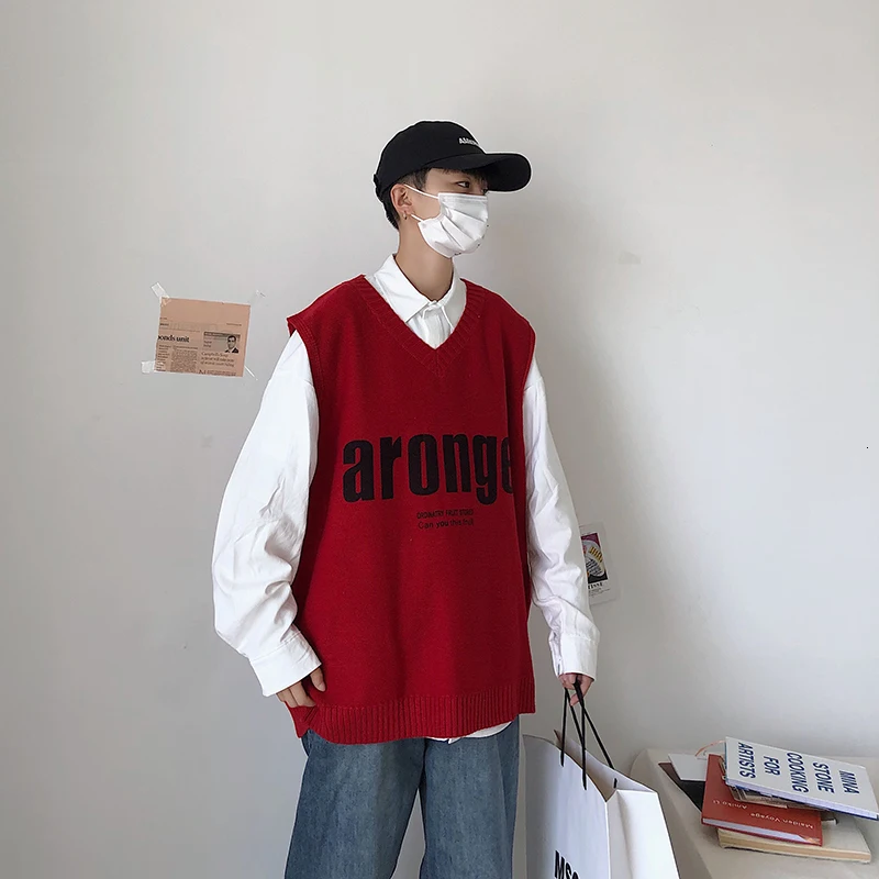 Autumn New Sweater Vest Men Fashion Letters Casual Knit Sweaters Vest Man Streetwear Loose Pullover Men Sweter Clothes M-2XL