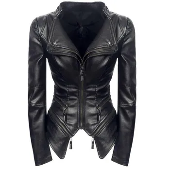 

Pu Wash Skin Waist Self-cultivation Rivet Black Leather Clothing Jacket Loose Coat Woman