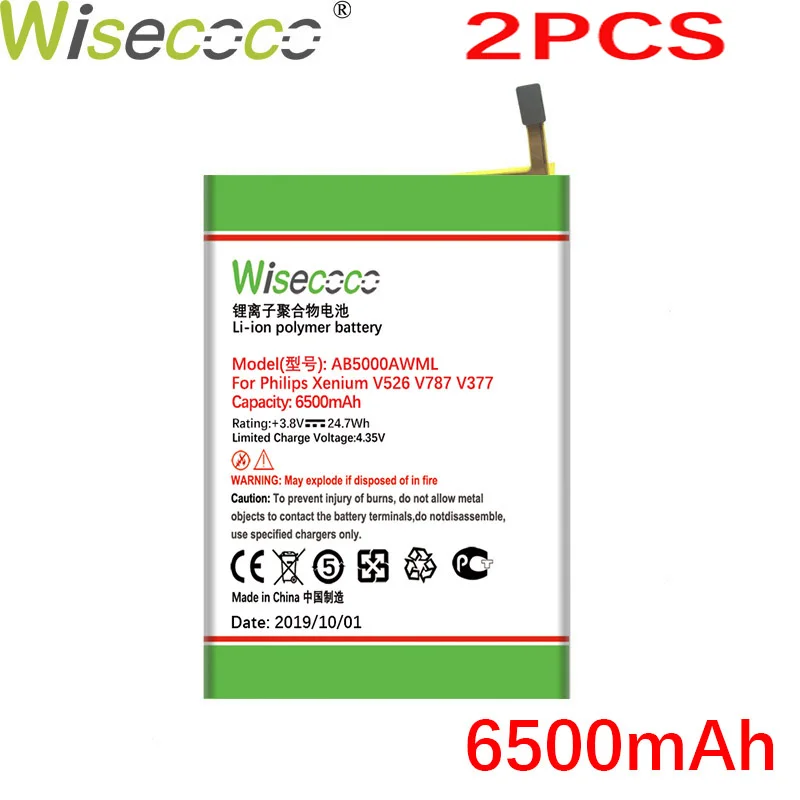Wisecoco 2 шт./партия AB5000AWMT 6500 мАч батарея для Philips Xenium CTV787 CTV526 CTV377 V526 V787 V377 батарея телефона+ номер отслеживания