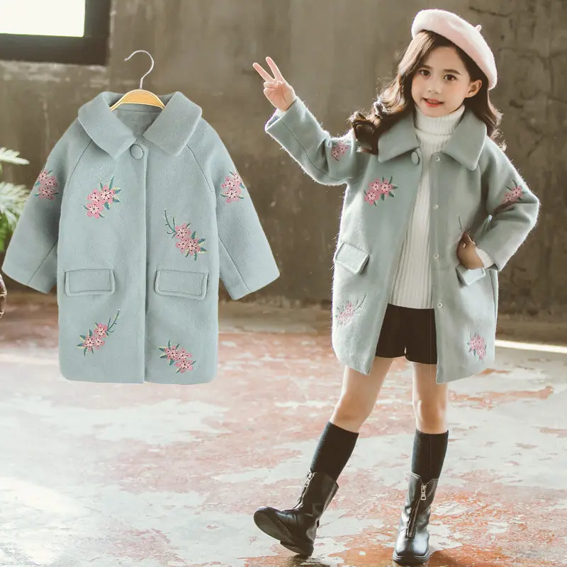 Детская верхняя одежда; коллекция года; модная Корейская одежда для девочек; цвет розовый, зеленый; с цветочной вышивкой; плотное шерстяное пальто; новое зимнее Детское пальто-ветровка; От 4 до 13 лет