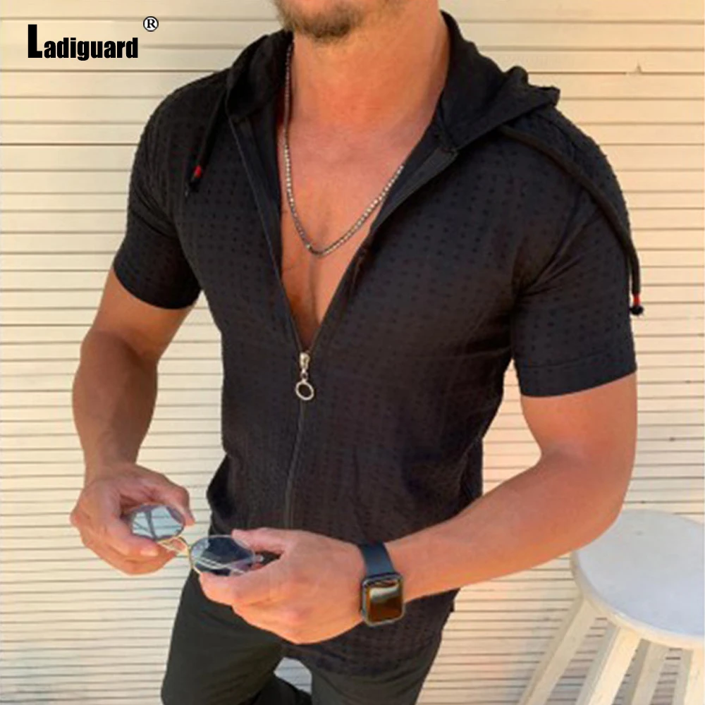 Ladiguard Trend 2020 Hoodie Shirt Patchwork Zipper Men Summer Casual Plaid Top Solid White Blouse Mens Open Stitch Thin Clothes - Image 4