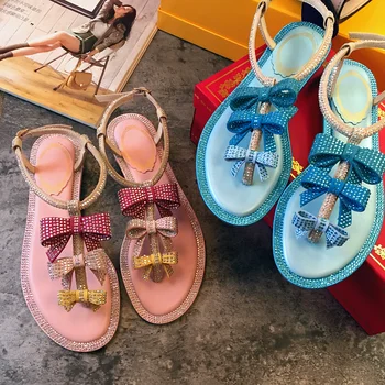 

Blue Summer Women Sandals Sweet Butterfly-knot Crystal Women Gladiator Sandals Women T-strap Open Toe Flip Flop Flats Shoes